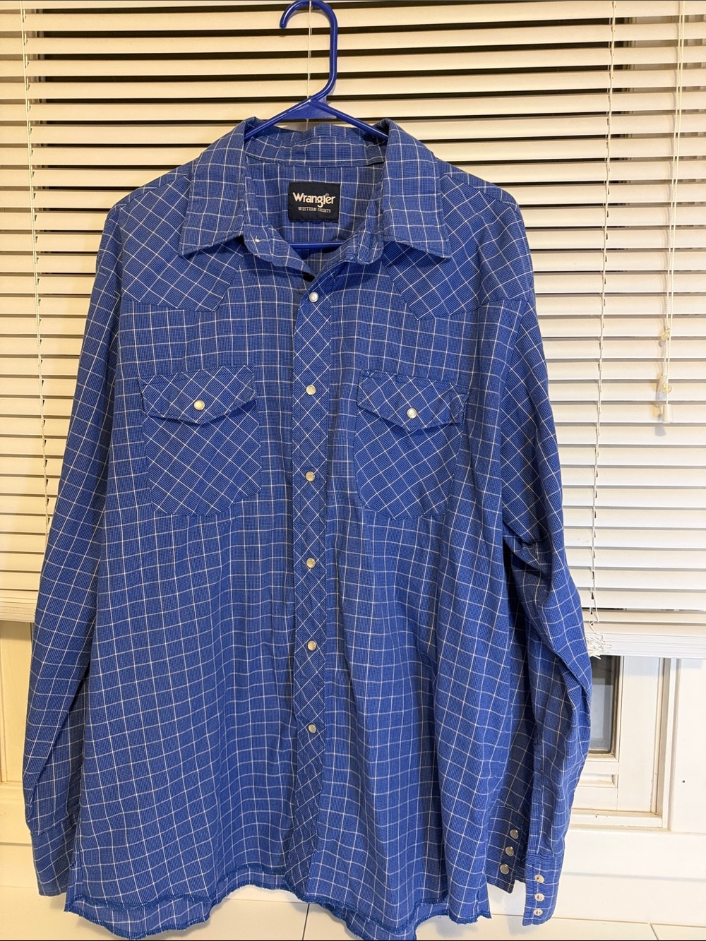 Wrangler Classic Western Shirt Blue Grid Plaid Pearl Snap Mens Size Large